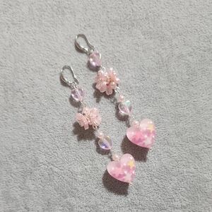 Pink Heart & Flowers Dangle Earrings